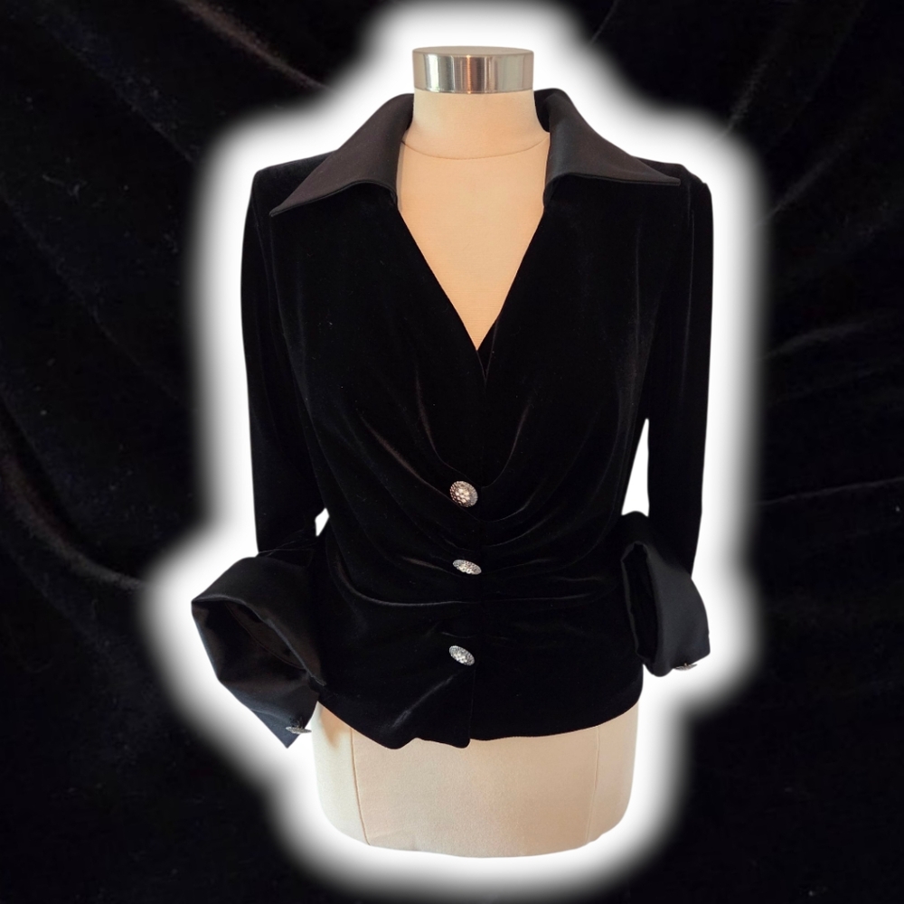 JS Collections Black Velvet Blouse with Button Accents